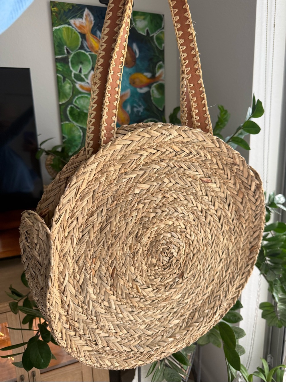Target Natural Straw Round Shoulder Bag with Tan Leather-Trim Handles